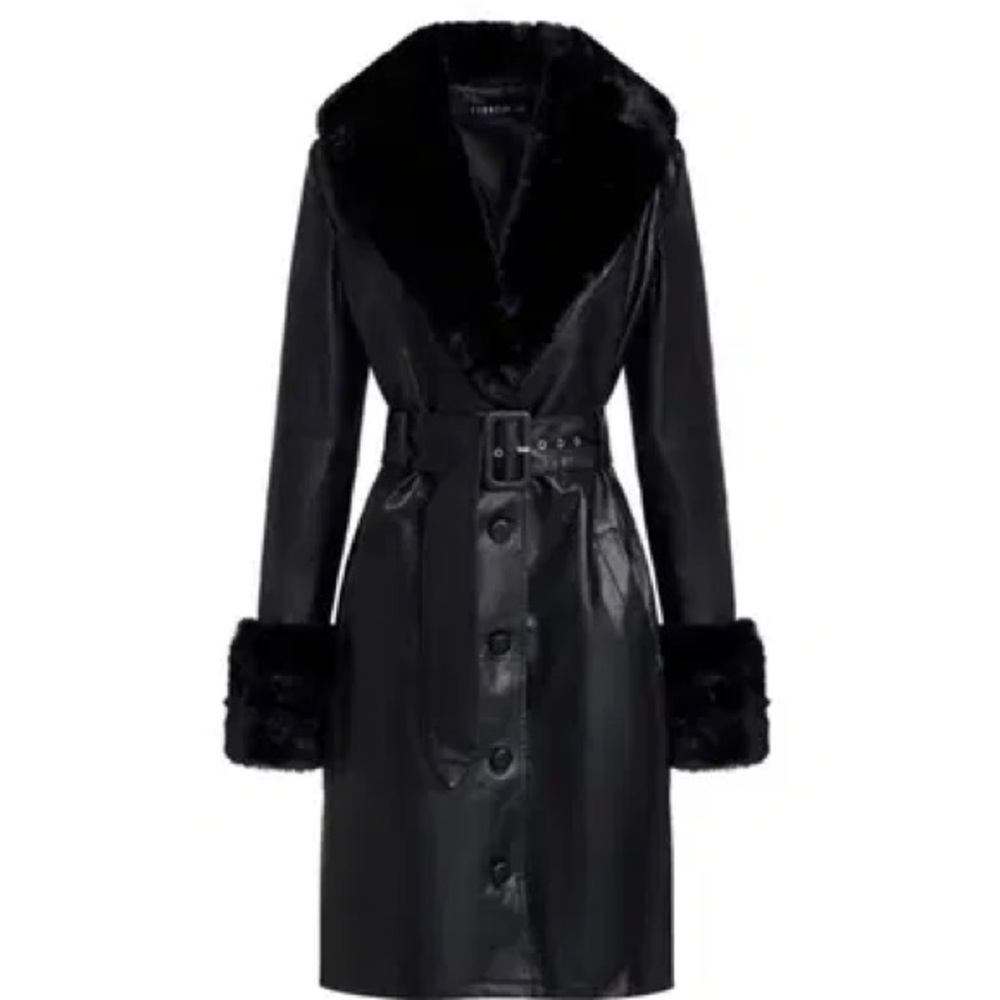 Lioness Brooklyn faux fur trim trench coat with belt - Picture 2 of 3